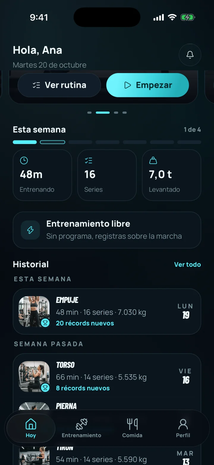 Pantalla Hoy con el resumen semanal y el historial de sesiones.