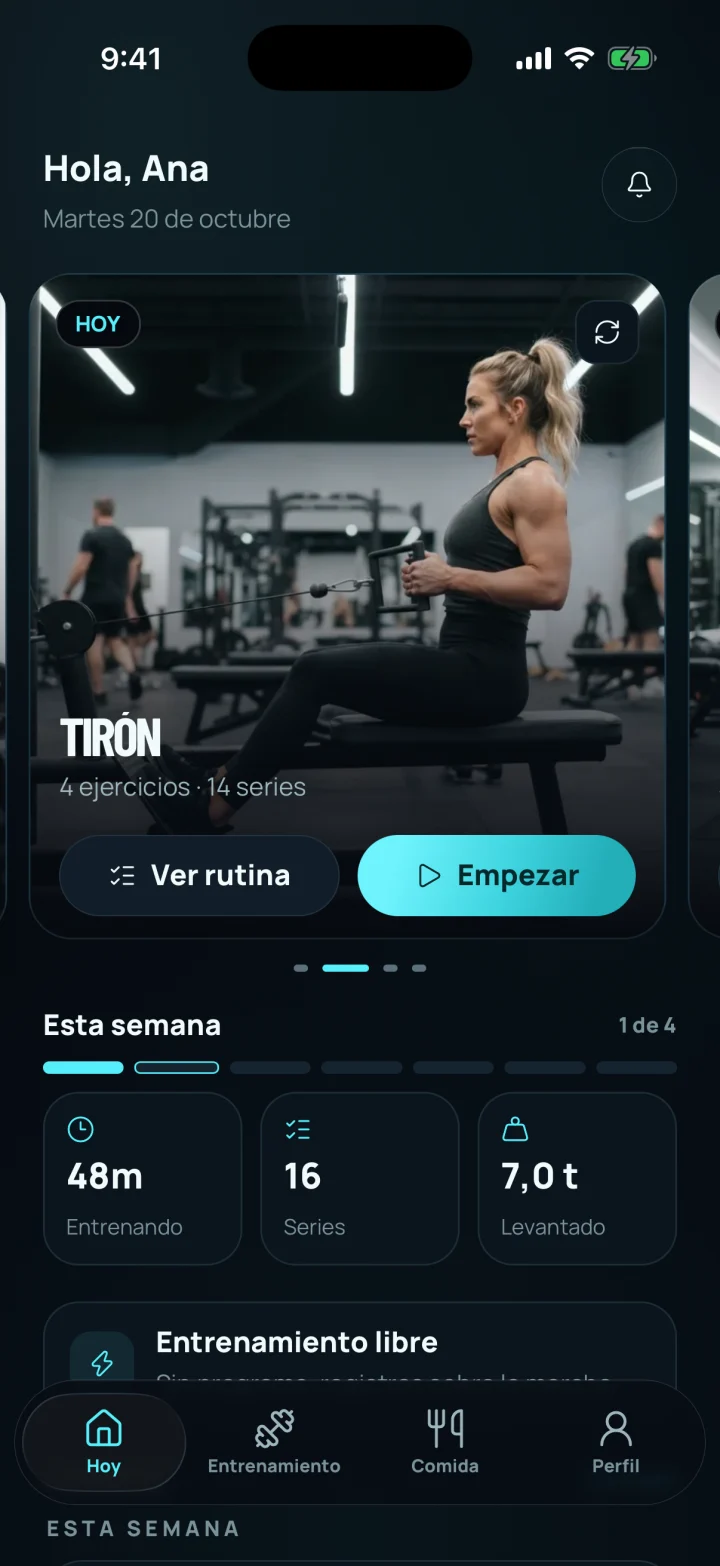 Pantalla Hoy de Allfit Space: la sesión de Tirón del día y el resumen de la semana.