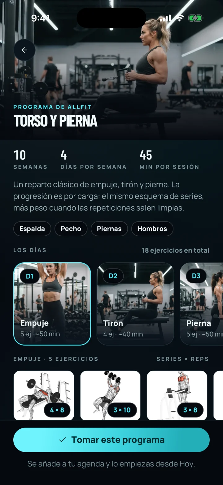 Upper and lower programme detail: 10 weeks, 4 days a week and its sessions.
